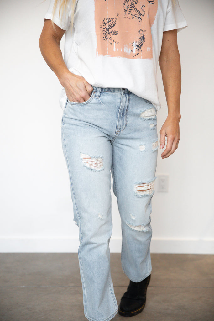 Classic Ripped High Waist Ankle Straight Leg Jeans